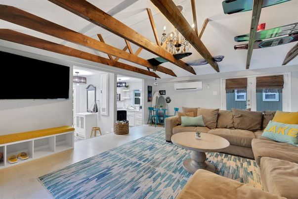 Chandelier, Fireplace, Interior, Living room, Wooden Beams
