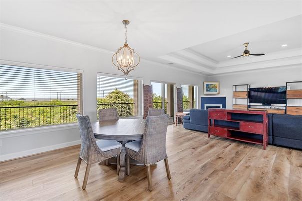Dining room, Interior, Living room, Pendant Lights, Recessed Lighting, Wood Texture Flooring