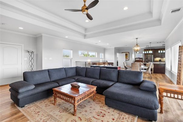 Dining room, Interior, Kitchen, Living room, Pendant Lights, Recessed Lighting, Stainless Steel Appliances, Wood Texture Flooring