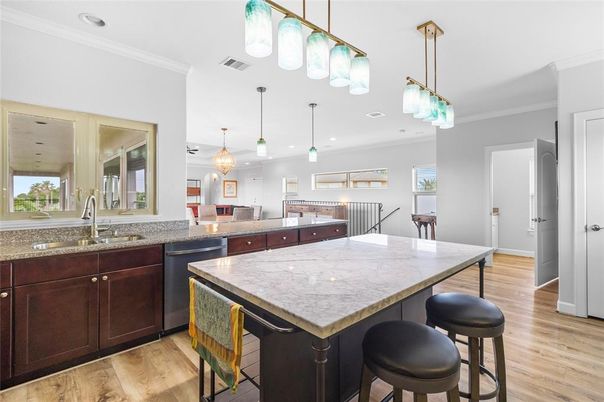 Interior, Kitchen, Pendant Lights, Recessed Lighting, Wood Texture Flooring