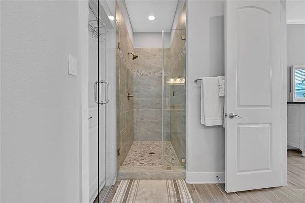 Bathroom, Glass Shower, Interior, Recessed Lighting, Wood Texture Flooring