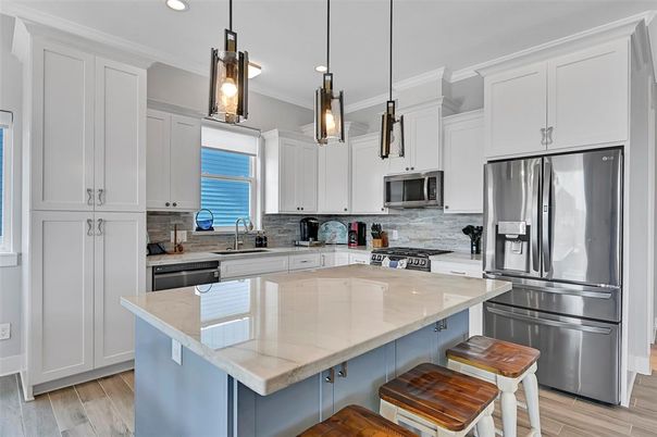 Interior, Kitchen, Pendant Lights, Recessed Lighting, Stainless Steel Appliances, Wood Texture Flooring