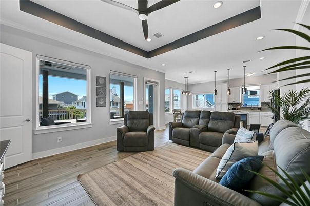 Interior, Kitchen, Living room, Pendant Lights, Recessed Lighting, Wood Texture Flooring