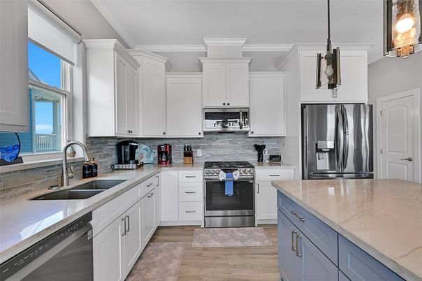 Interior, Kitchen, Pendant Lights, Stainless Steel Appliances, Wood Texture Flooring