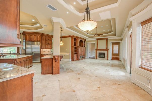 Fireplace, Interior, Kitchen, Pendant Lights, Recessed Lighting, Stainless Steel Appliances