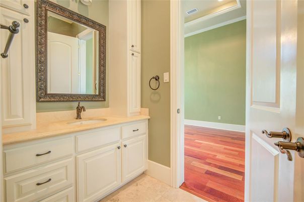 Bathroom, Dual Sink Vanities, Interior, Recessed Lighting, Wood Texture Flooring