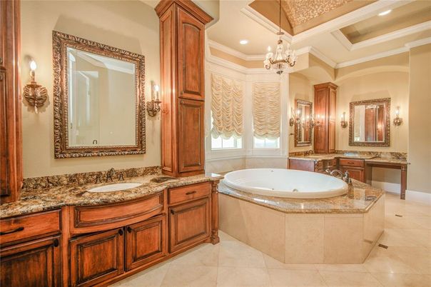 Bathroom, Chandelier, Dual Sink Vanities, Interior, Recessed Lighting