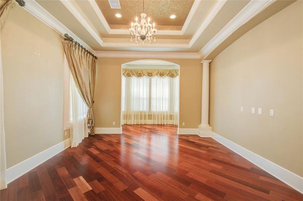 Chandelier, Empty room, Interior, Recessed Lighting, Wood Texture Flooring