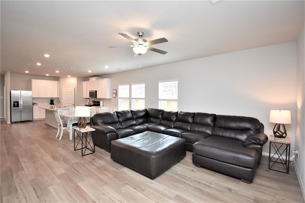 Dining room, Interior, Kitchen, Living room, Recessed Lighting, Stainless Steel Appliances, Wood Texture Flooring