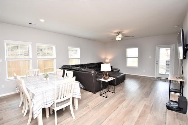 Dining room, Interior, Living room, Recessed Lighting, Wood Texture Flooring