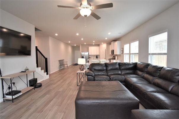 Interior, Kitchen, Living room, Recessed Lighting, Wood Texture Flooring