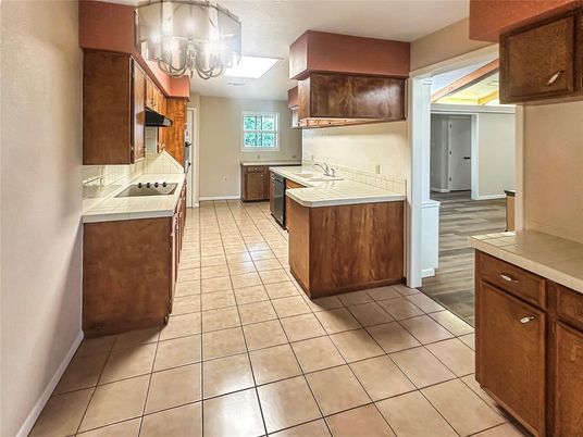 Chandelier, Interior, Kitchen, Tile Countertops
