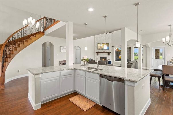 Chandelier, Dining room, Fireplace, Interior, Kitchen, Pendant Lights, Recessed Lighting, Wood Texture Flooring