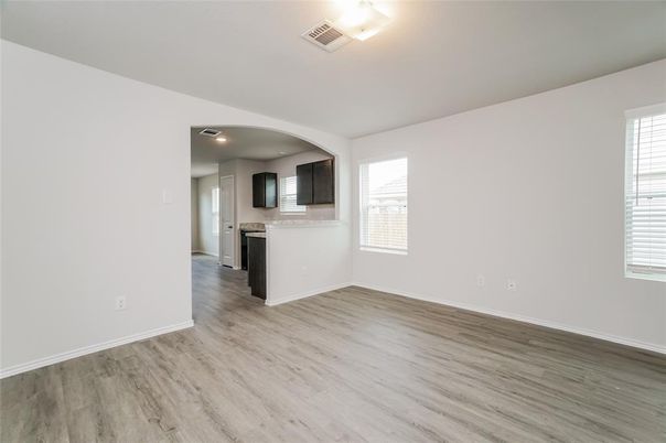 Empty room, Interior, Kitchen, Stainless Steel Appliances, Wood Texture Flooring