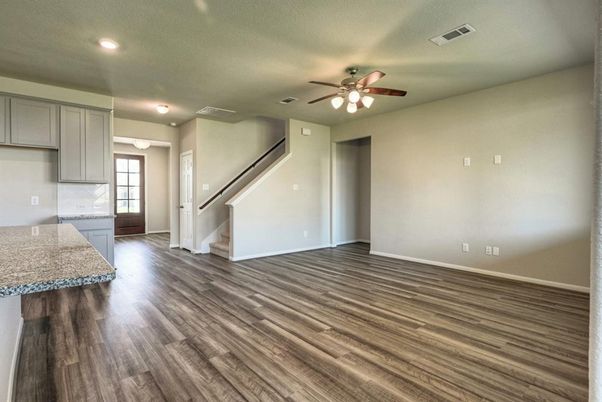 Empty room, Interior, Kitchen, Recessed Lighting, Wood Texture Flooring