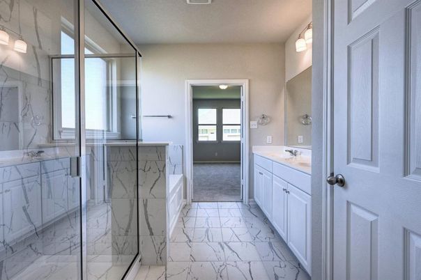 Bathroom, Dual Sink Vanities, Glass Shower, Interior, Marble, Marble Walls