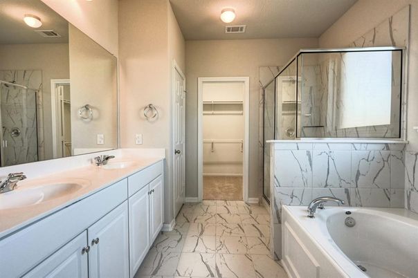 Bathroom, Dual Sink Vanities, Glass Shower, Interior, Marble, Marble Walls, Walk-in Closets