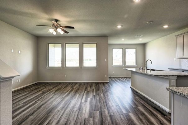 Empty room, Interior, Kitchen, Recessed Lighting, Wood Texture Flooring