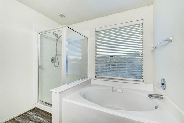 Bathroom, Glass Shower, Interior, Recessed Lighting, Wood Texture Flooring