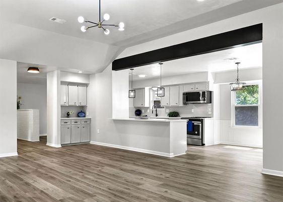 Interior, Kitchen, Pendant Lights, Recessed Lighting, Stainless Steel Appliances, Wood Texture Flooring