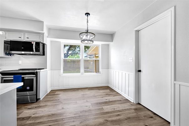 Interior, Kitchen, Pendant Lights, Stainless Steel Appliances, Wood Texture Flooring