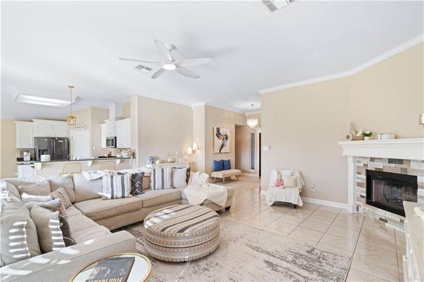 Fireplace, Interior, Kitchen, Living room, Pendant Lights