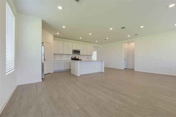 Empty room, Interior, Kitchen, Recessed Lighting, Wood Texture Flooring