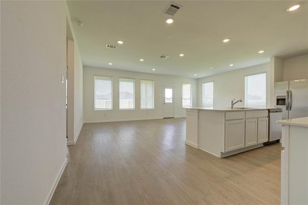 Empty room, Interior, Kitchen, Recessed Lighting, Wood Texture Flooring