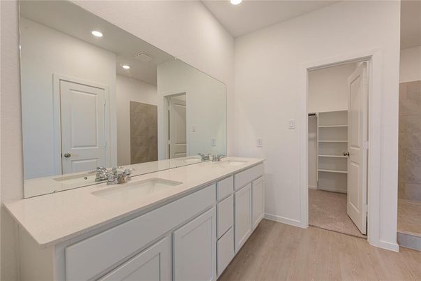 Bathroom, Dual Sink Vanities, Interior, Recessed Lighting, Walk-in Closets, Wood Texture Flooring