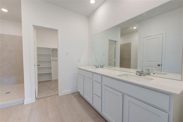 Bathroom, Dual Sink Vanities, Interior, Recessed Lighting, Wood Texture Flooring