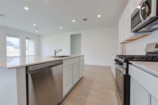 Interior, Kitchen, Recessed Lighting, Stainless Steel Appliances, Wood Texture Flooring