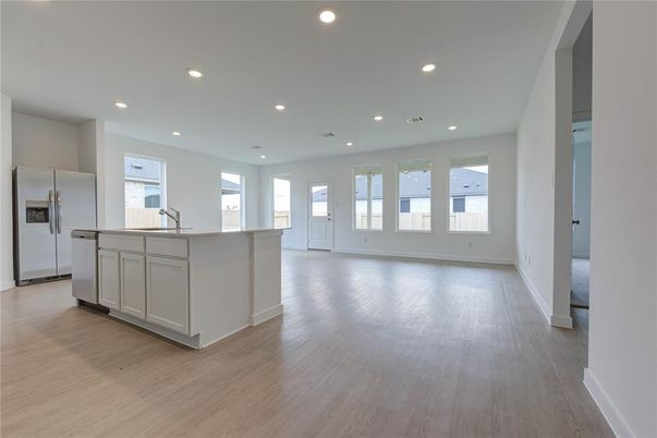 Empty room, Interior, Kitchen, Recessed Lighting, Wood Texture Flooring