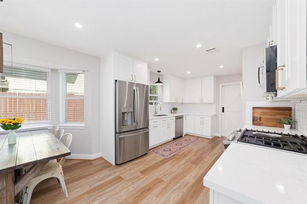 Interior, Kitchen, Pendant Lights, Recessed Lighting, Stainless Steel Appliances, Wood Texture Flooring