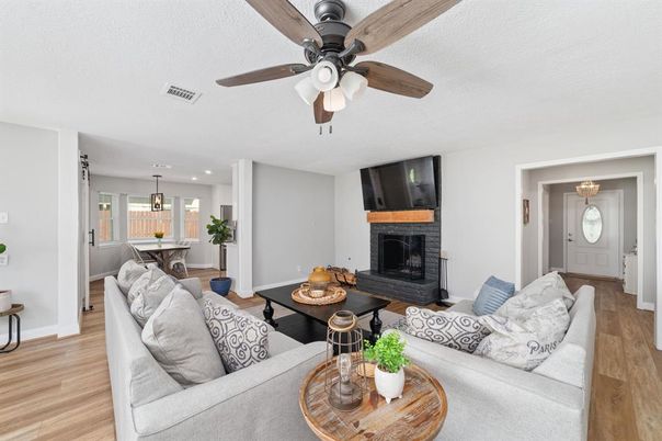 Dining room, Fireplace, Interior, Kitchen, Living room, Pendant Lights, Recessed Lighting, Wood Texture Flooring