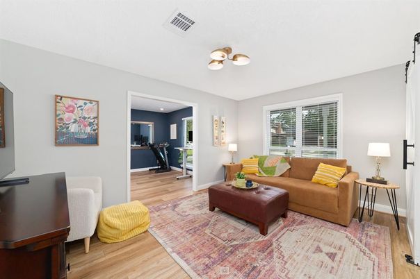 Interior, Living room, Recessed Lighting, Wood Texture Flooring