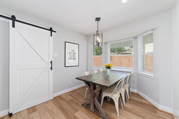 Dining room, Interior, Pendant Lights, Recessed Lighting, Wood Texture Flooring