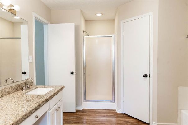 Bathroom, Interior, Recessed Lighting, Wood Texture Flooring