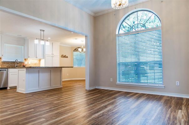 Chandelier, Empty room, Interior, Kitchen, Pendant Lights, Recessed Lighting, Wood Texture Flooring
