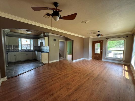 Empty room, Interior, Kitchen, Pendant Lights, Wood Texture Flooring