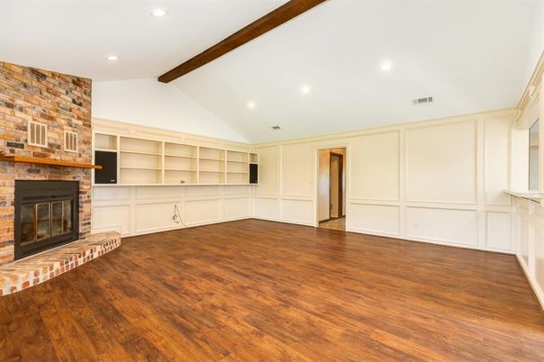 Empty room, Fireplace, Interior, Recessed Lighting, Wooden Beams, Wood Texture Flooring