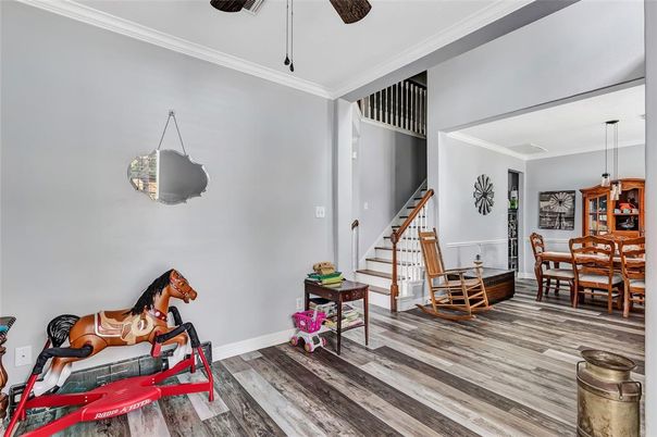 Dining room, Interior, Pendant Lights, Wood Texture Flooring
