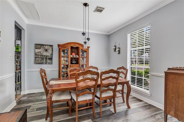 Dining room, Interior, Pendant Lights, Wood Texture Flooring