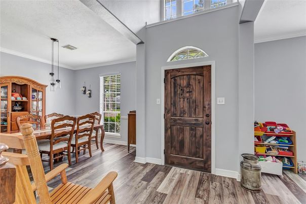 Dining room, Interior, Pendant Lights, Wood Texture Flooring