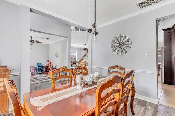 Dining room, Interior, Pendant Lights, Wood Texture Flooring