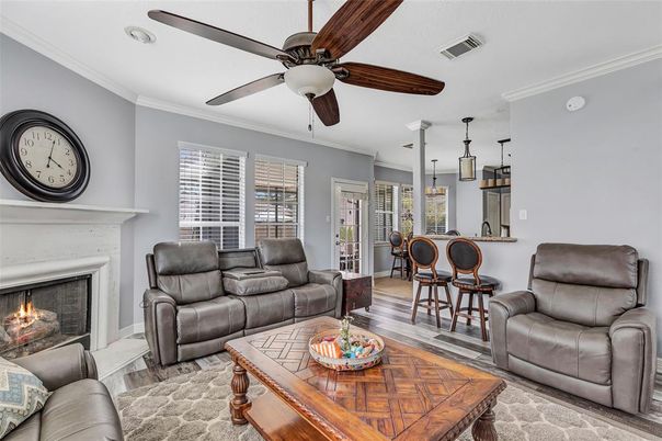 Dining room, Fireplace, Interior, Living room, Pendant Lights, Wood Texture Flooring