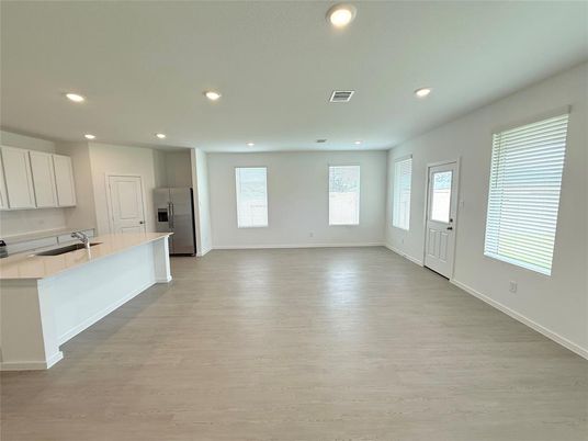 Empty room, Interior, Kitchen, Recessed Lighting, Wood Texture Flooring
