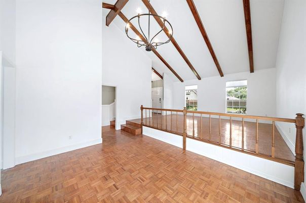Chandelier, Empty room, Interior, Pendant Lights, Wooden Beams, Wood Texture Flooring