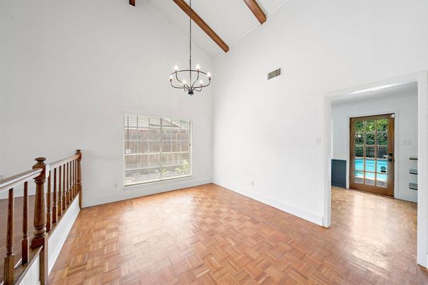 Chandelier, Empty room, Interior, Pendant Lights, Wooden Beams, Wood Texture Flooring