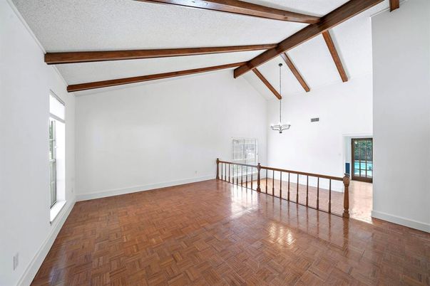 Empty room, Interior, Pendant Lights, Wooden Beams, Wood Texture Flooring