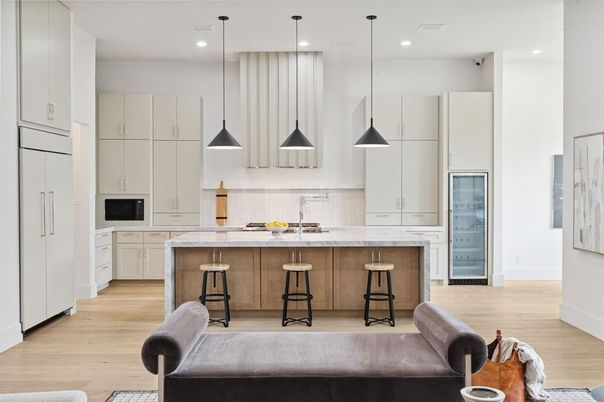 Interior, Kitchen, Pendant Lights, Recessed Lighting, Wood Texture Flooring
